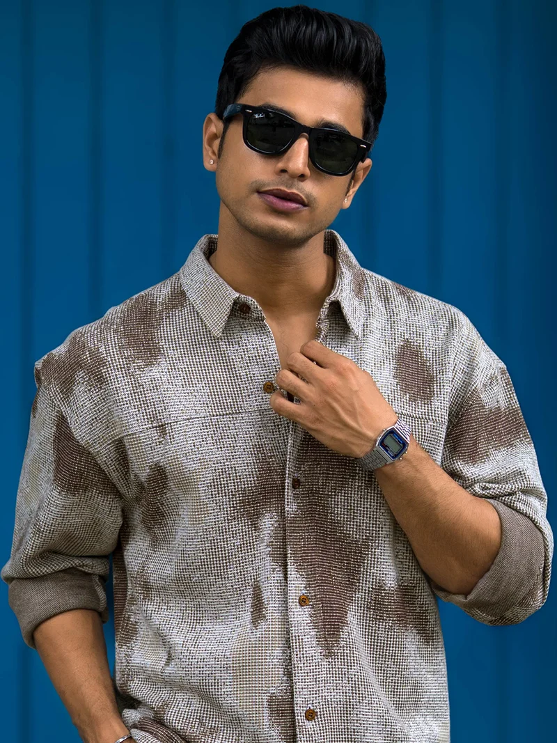 مانياك Maniac Mens Sterling Knit Full Sleeve Brown Cotton Blend Shirt